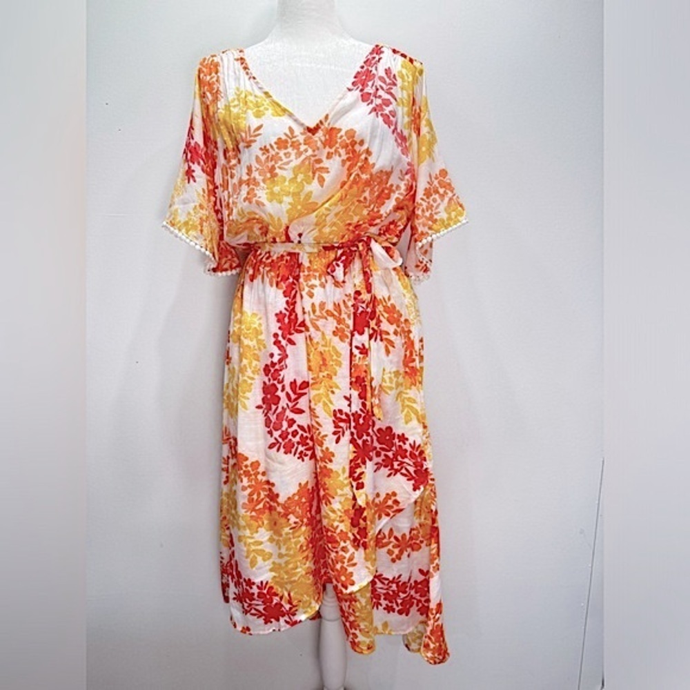 Adrienne Vittadini Floral V neck Semi Sheer Flowy Short Sleeve Dress Size L